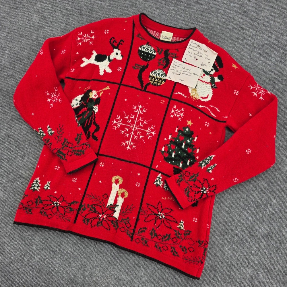 Classic Elements Vintage Red Christmas Grid Sweater Reindeer Snowman Mens Large